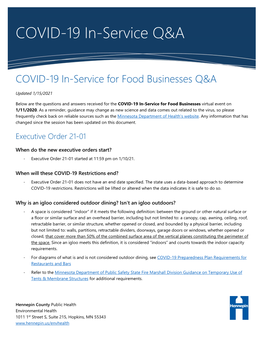 COVID-19 In-Service for Food Businesses Q&A