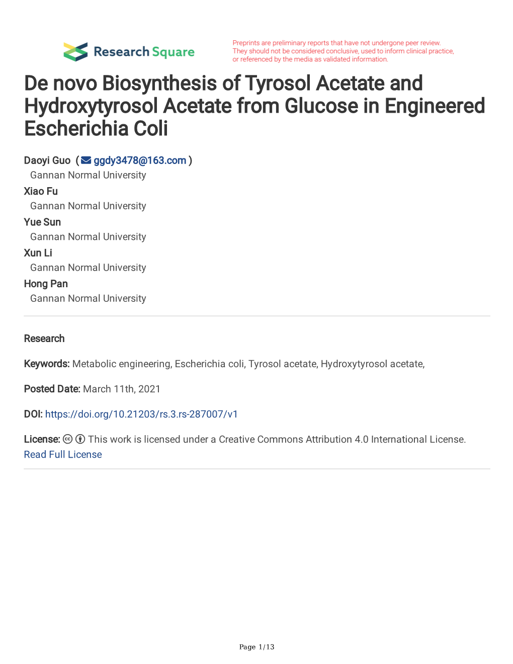 De Novo Biosynthesis of Tyrosol Acetate and Hydroxytyrosol Acetate from Glucose in Engineered Escherichia Coli