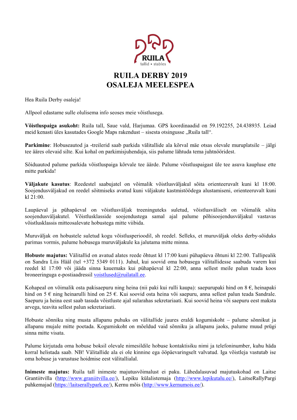 Ruila Derby 2019 Osaleja Meelespea