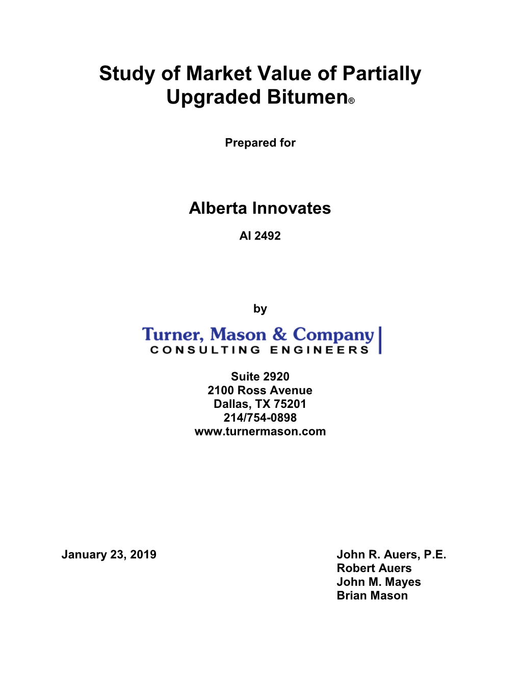 Study of Market Value of Partially Upgraded Bitumen®