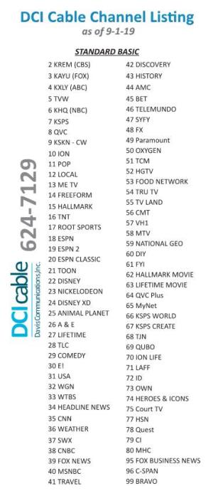 DCI Cable Channel Listing As of 9‐1‐19