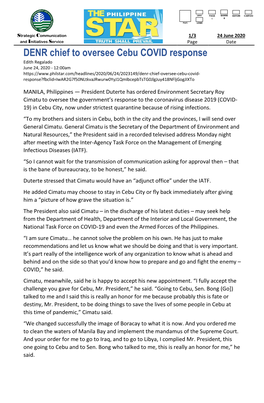DENR Chief to Oversee Cebu COVID Response