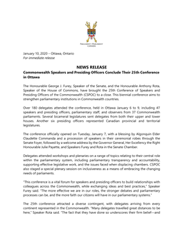 NEWS RELEASE Commonwealth Speakers and Presiding Officers Conclude Their 25Th Conference in Ottawa