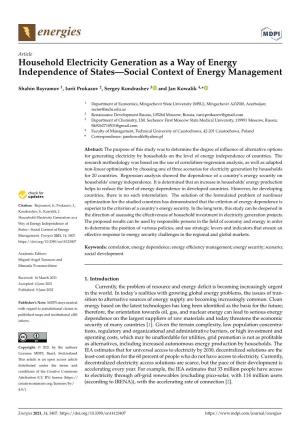 Household Electricity Generation As a Way of Energy Independence of States—Social Context of Energy Management
