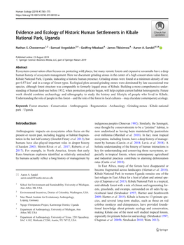 Evidence and Ecology of Historic Human Settlements in Kibale National Park, Uganda