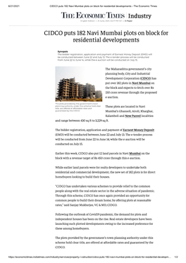 CIDCO Puts 182 Navi Mumbai Plots on Block for Residential Developments - the Economic Times Industry English Edition | 21 June, 2021, 04:17 PM IST | E-Paper