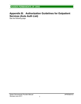 Appendix B: Authorization Guidelines for Outpatient Services (Auto Auth List) See the Following Page