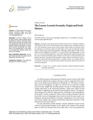 The Lorenz-Lorentz Formula: Origin and Early History Citation: H