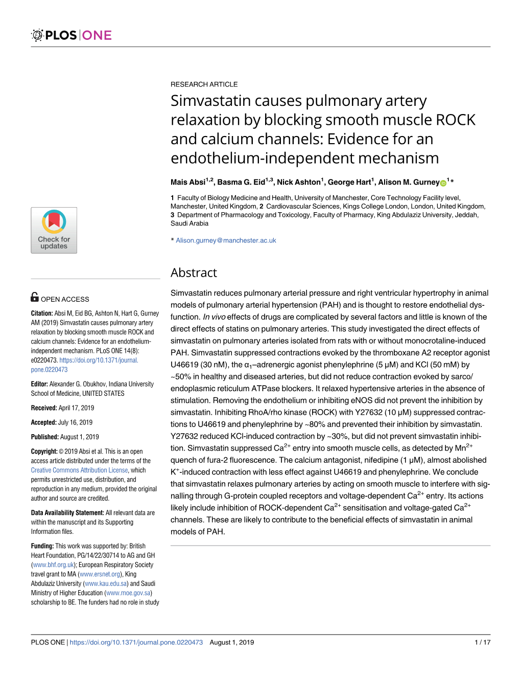 Simvastatin Causes Pulmonary Artery Relaxation by Blocking Smooth Muscle ROCK and Calcium Channels: Evidence for an Endothelium-Independent Mechanism