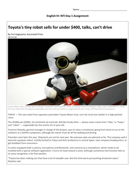 Toyota's Tiny Robot Sells for Under $400, Talks, Can't Drive