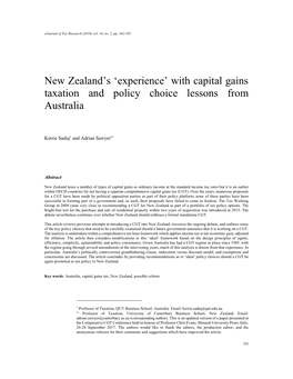 New Zealand's 'Experience' with Capital Gains Taxation and Policy