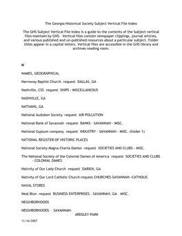 The Georgia Historical Society Subject Vertical File Index the GHS