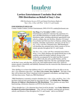 Lawless Entertainment Press Announcement – PBS Distribution and Suzy's Zoo, a Day with Witzy 11.3.14