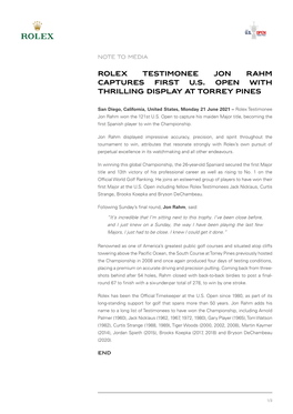 Rolex Testimonee Jon Rahm Captures First U.S. Open with Thrilling Display at Torrey Pines
