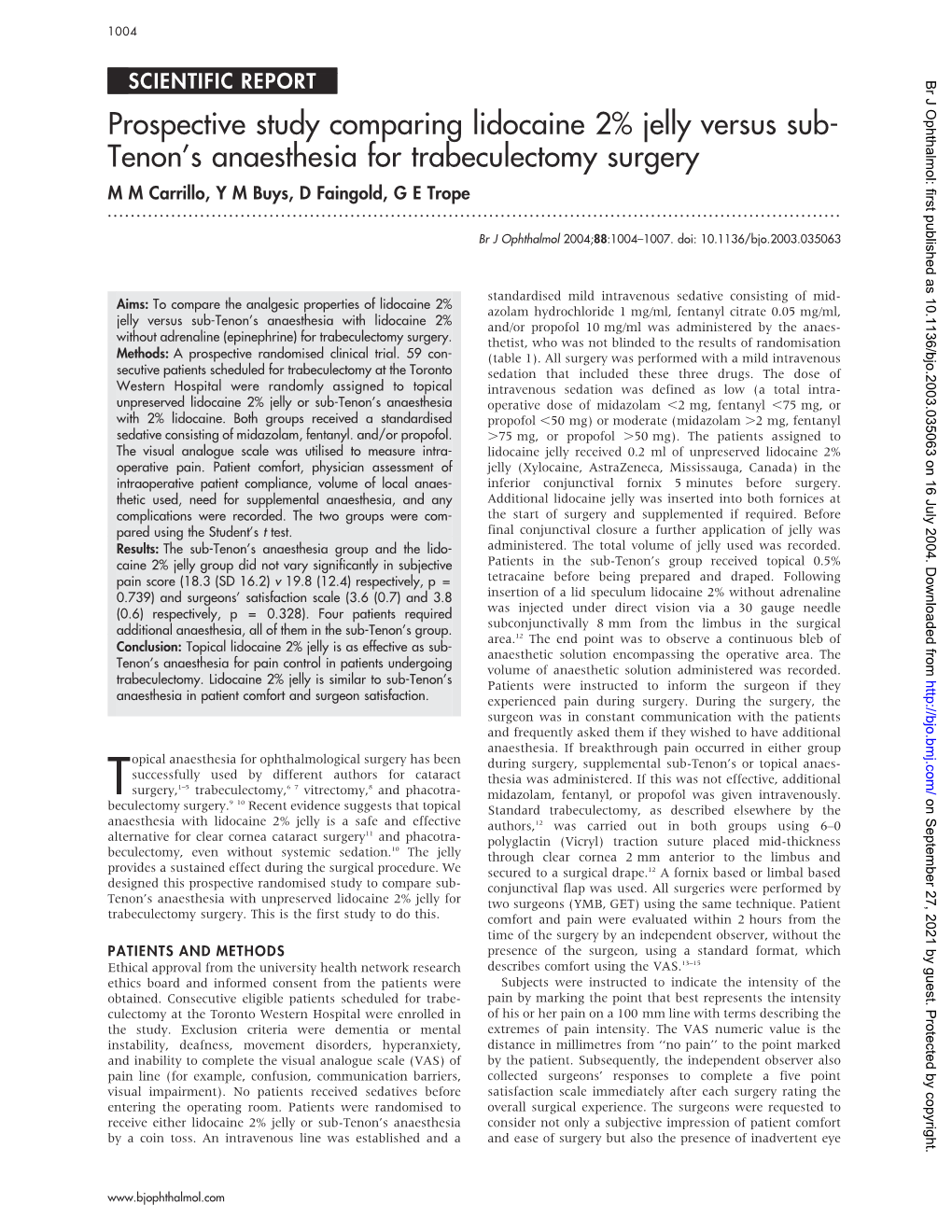 Tenon's Anaesthesia for Trabeculectomy Surgery