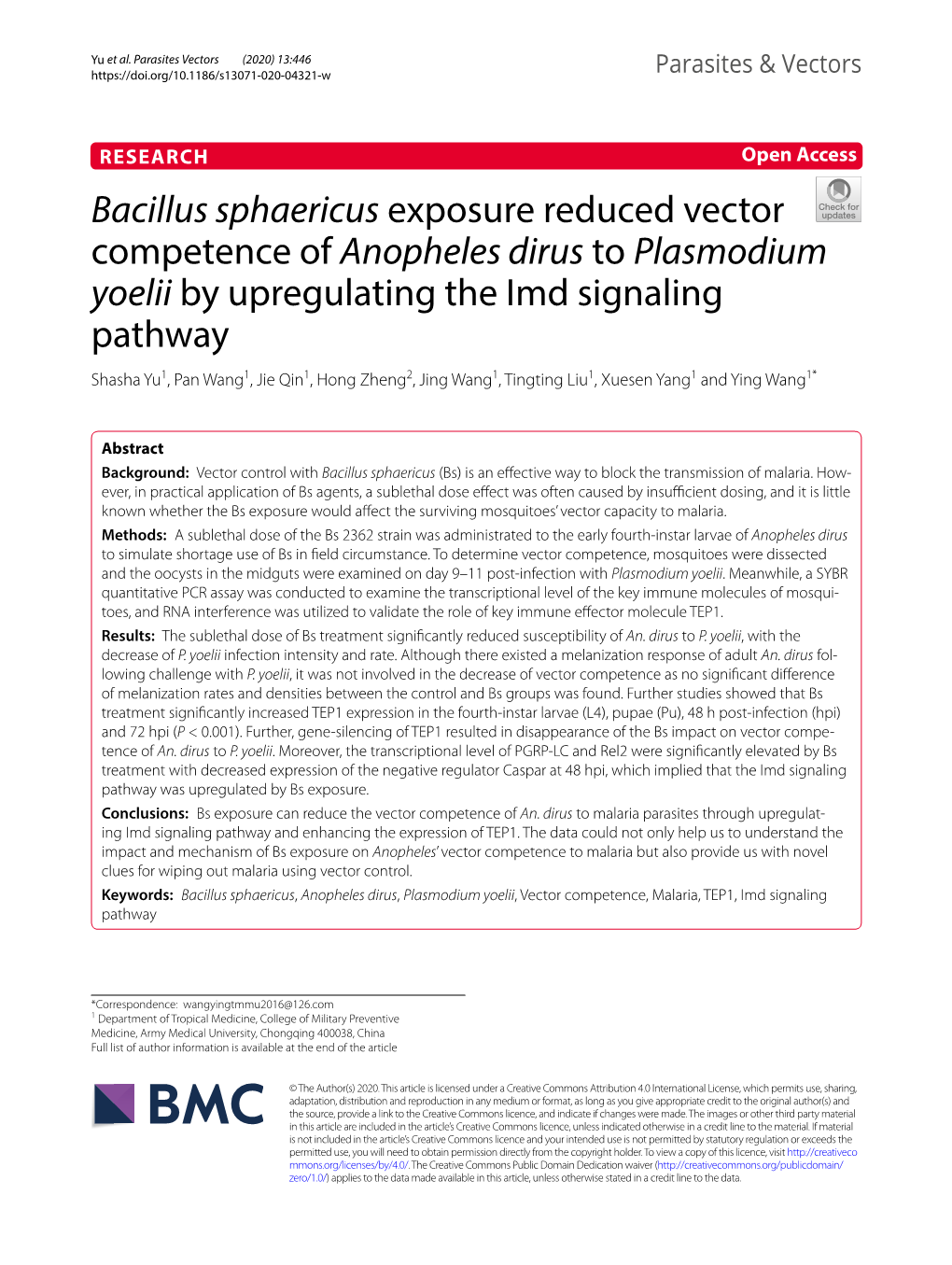 Bacillus Sphaericus Exposure Reduced Vector Competence of Anopheles