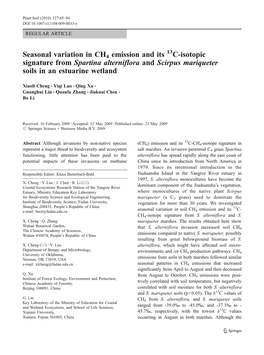 Seasonal Variation in CH4 Emission and Its C-Isotopic Signature from Spartina Alterniflora and Scirpus Mariqueter Soils in an Estuarine Wetland