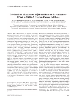 Mechanisms of Action of 17Βh-Neriifolin on Its Anticancer Effect in SKOV-3 Ovarian Cancer Cell Line