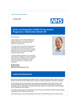 Derby and Derbyshire COVID-19 Vaccination Programme | Stakeholder Bulletin #8