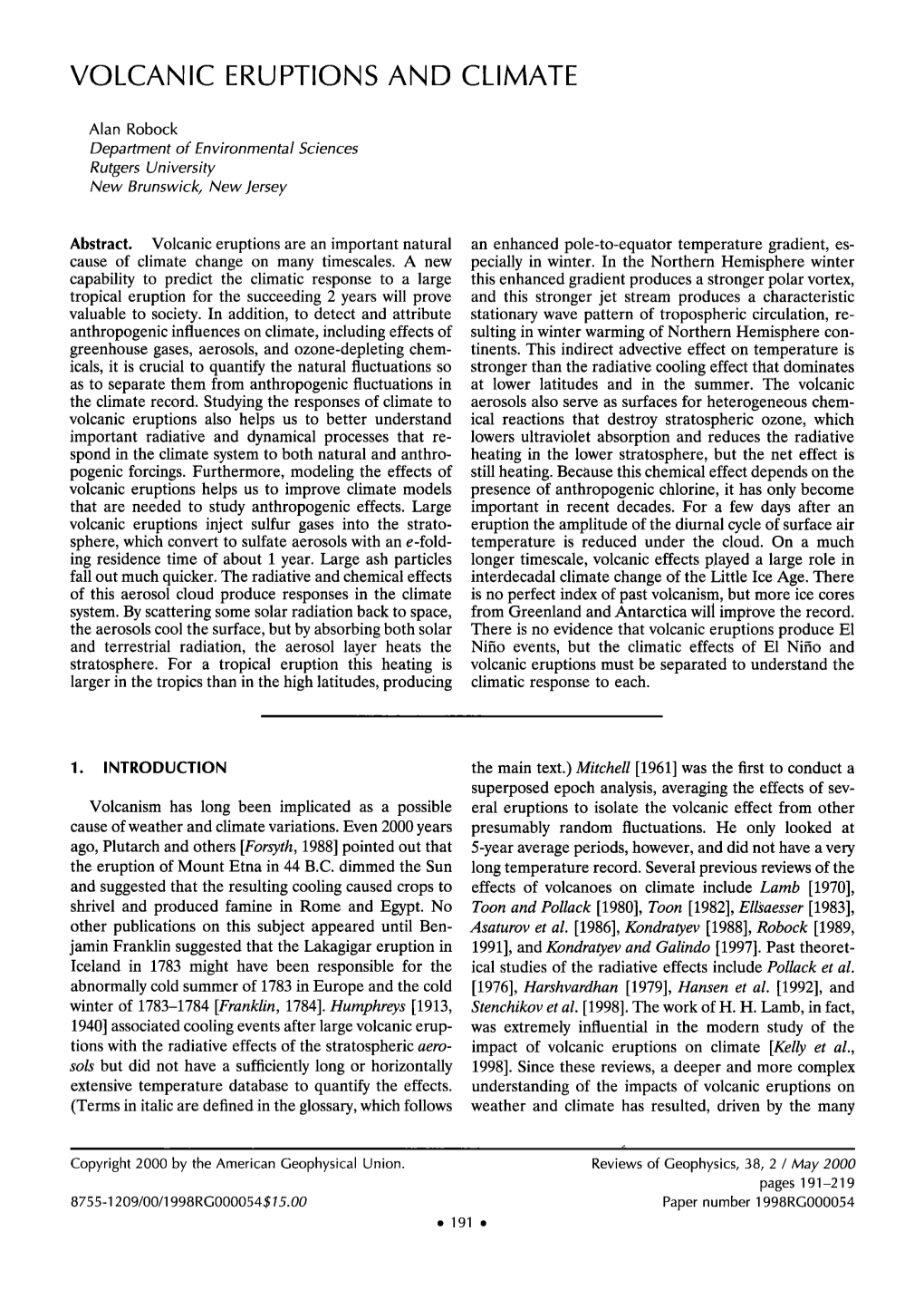 Volcanic Eruptions and Climate 38, 2 / Reviews of Geophysics