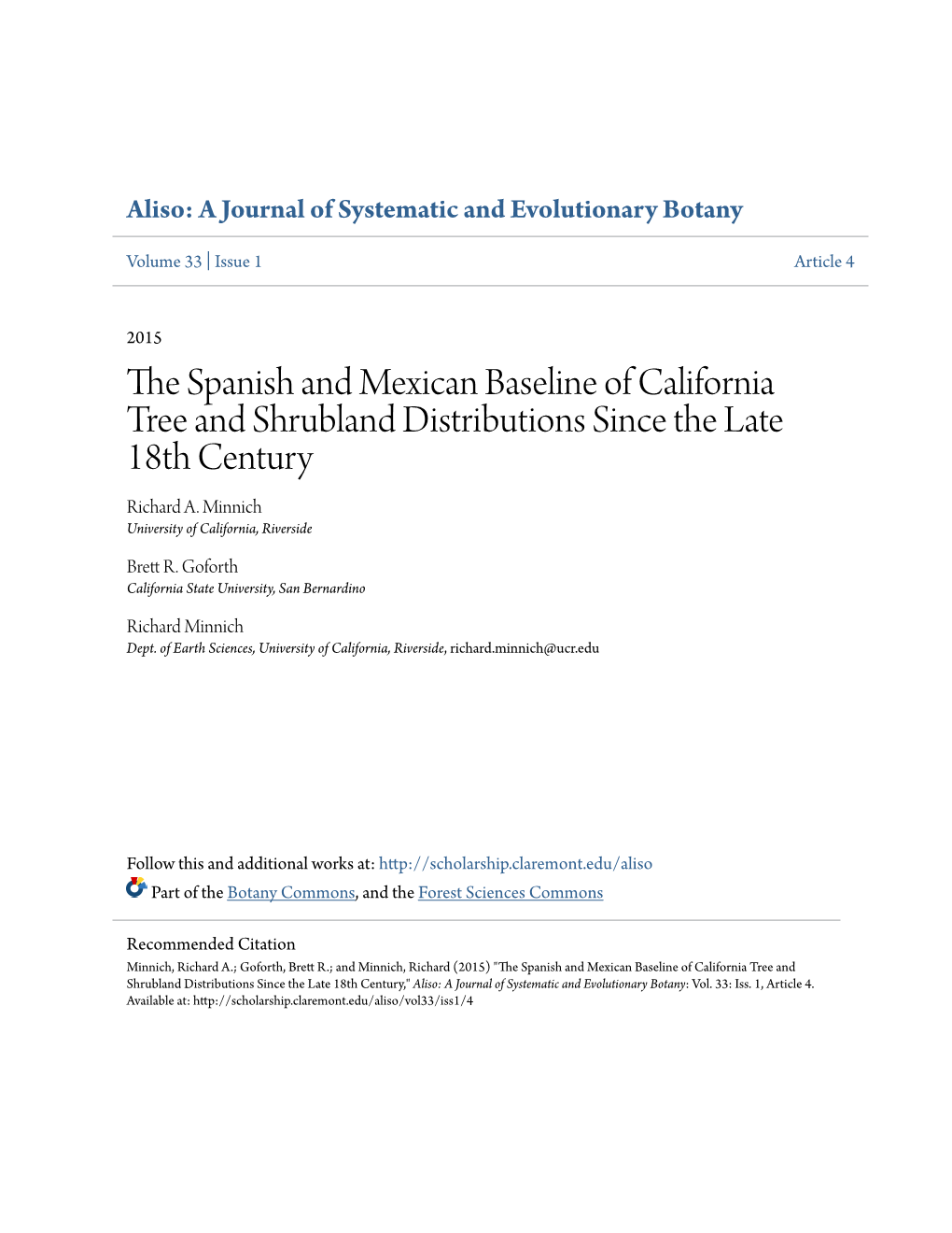 The Spanish and Mexican Baseline of California Tree and Shrubland Distributions Since the Late 18Th Century