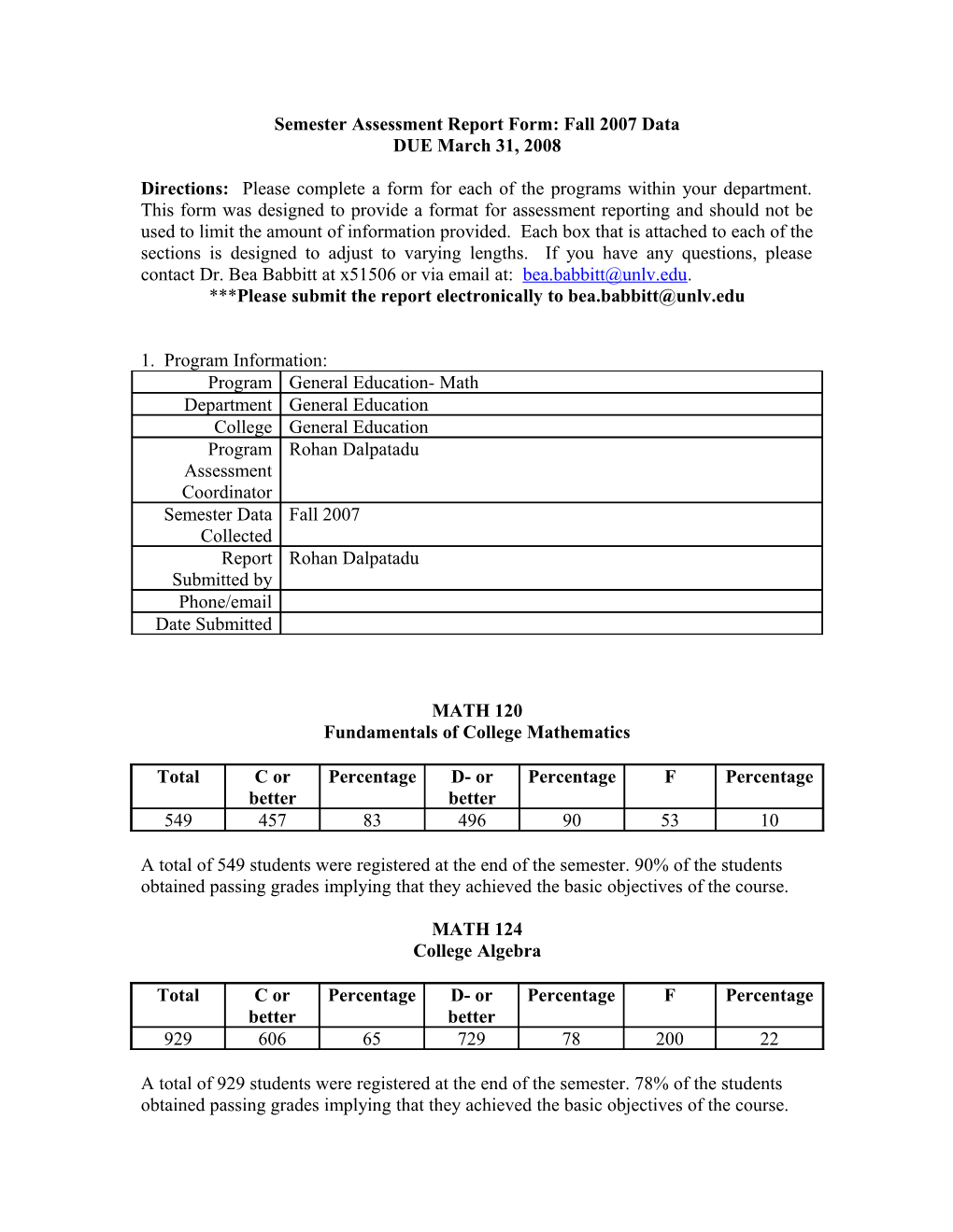 Semester Assessment Report Form: Fall 2007 Data