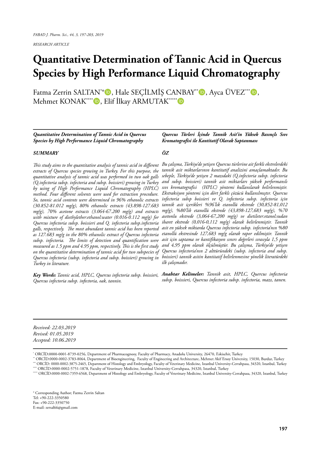 Quantitative Determination of Tannic Acid in Quercus Species by High Performance Liquid Chromatography