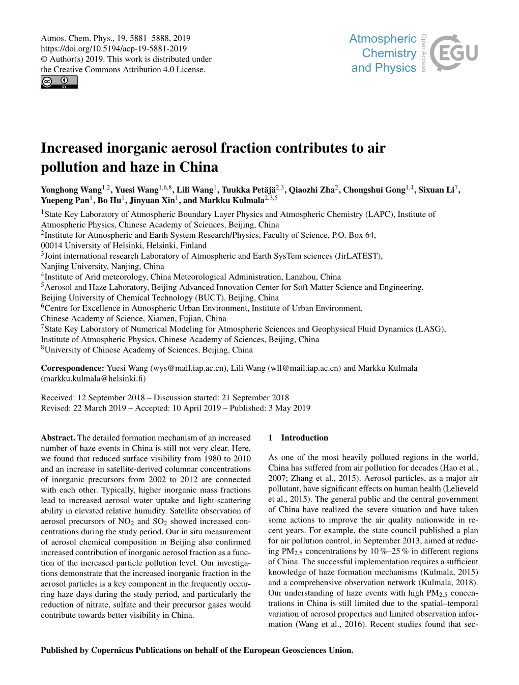 Increased Inorganic Aerosol Fraction Contributes to Air Pollution and Haze in China