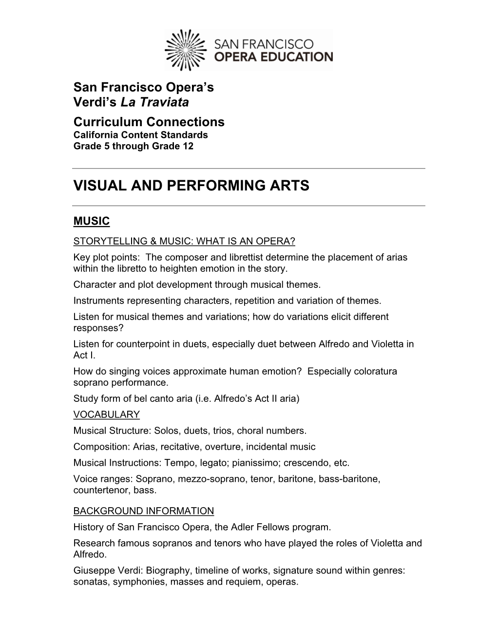 San Francisco Opera's Verdi's La Traviata Curriculum Connections