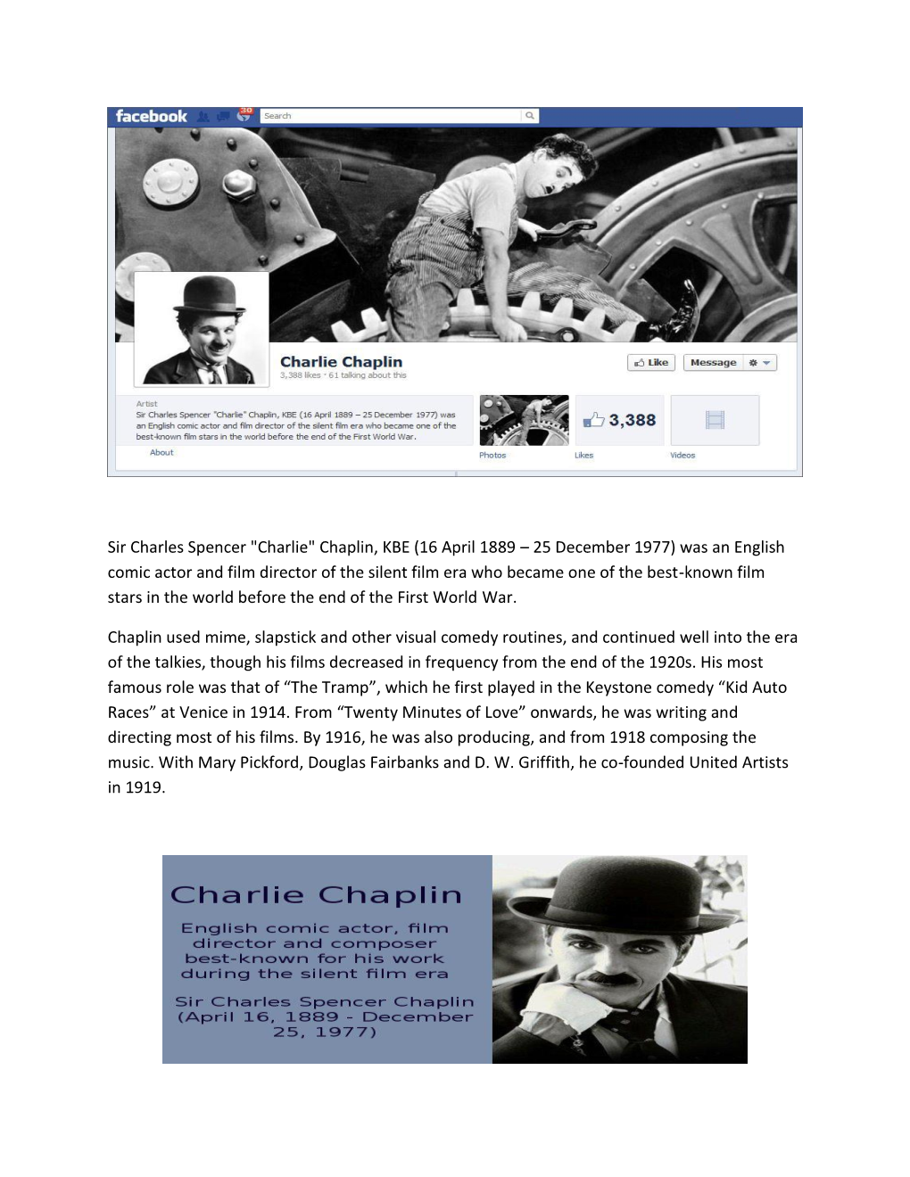 Sir Charles Spencer "Charlie" Chaplin, KBE (16 April 1889 – 25 December 1977) Was an English Comic Actor and Film Di