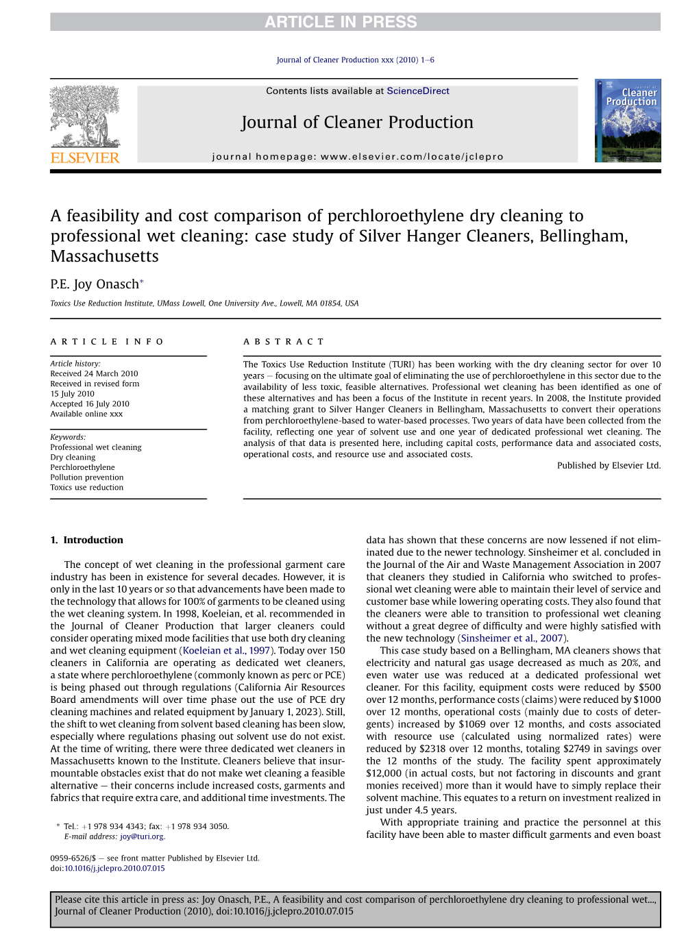 A Feasibility and Cost Comparison of Perchloroethylene Dry Cleaning to Professional Wet Cleaning: Case Study of Silver Hanger Cleaners, Bellingham, Massachusetts