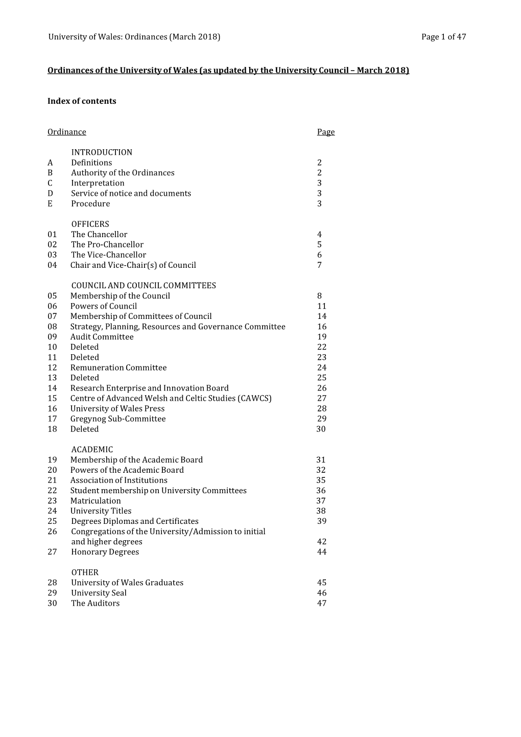 Ordinances of the University of Wales (As Updated by the University Council – March 2018)