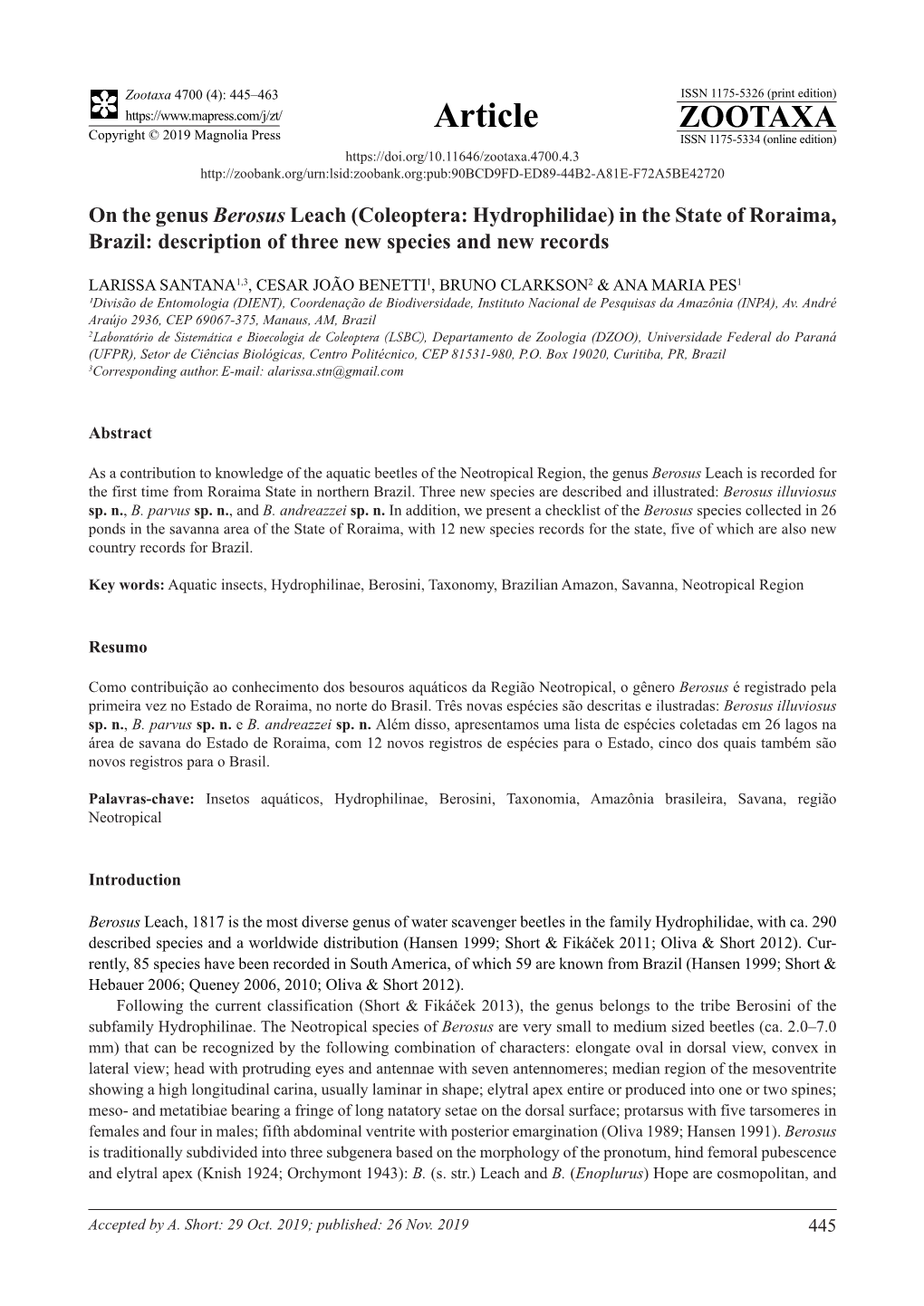 On the Genus Berosus Leach (Coleoptera: Hydrophilidae) in the State of Roraima, Brazil: Description of Three New Species and New Records