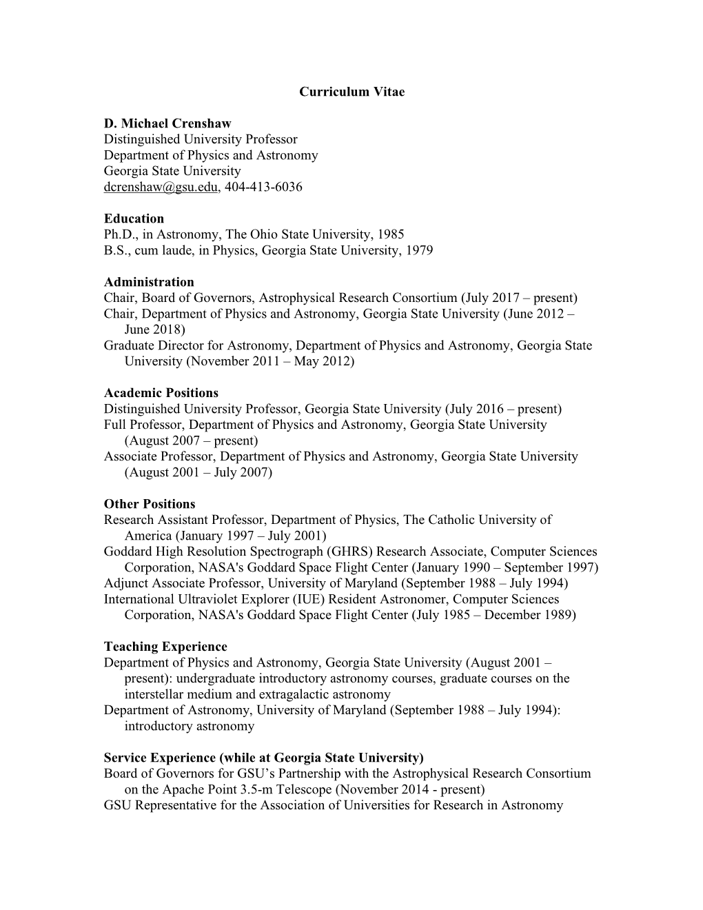 Curriculum Vitae D. Michael Crenshaw Distinguished University