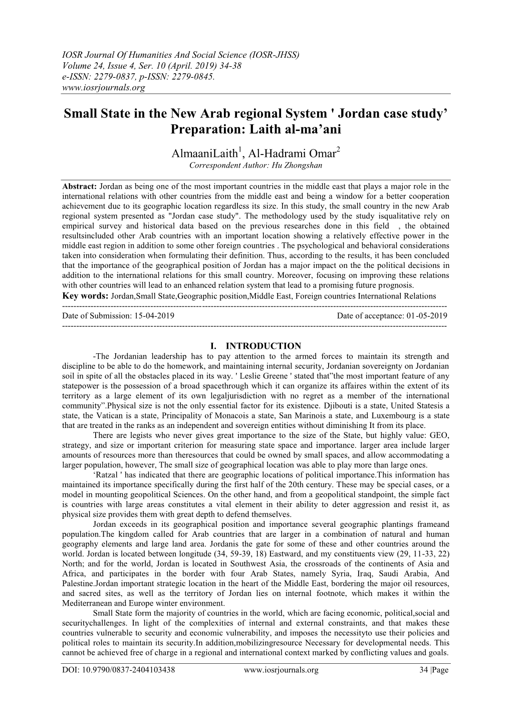 Small State in the New Arab Regional System ' Jordan Case Study’ Preparation: Laith Al-Ma’Ani