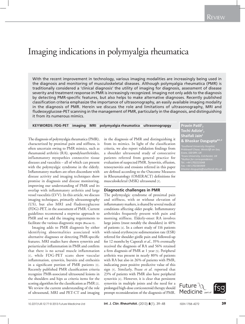 Imaging Indications in Polymyalgia Rheumatica