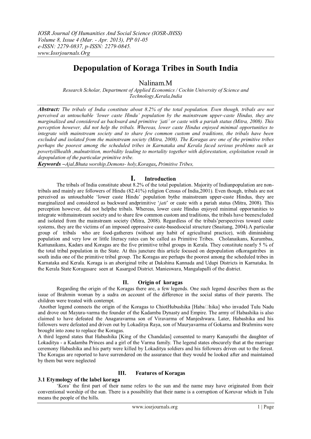 Depopulation of Koraga Tribes in South India