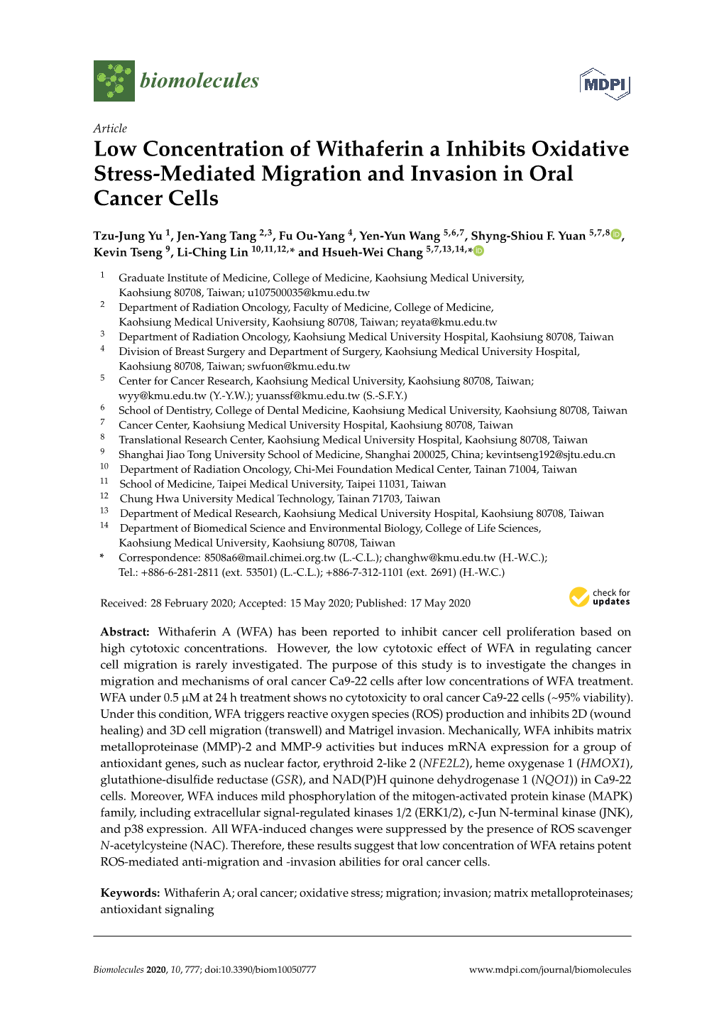 Low Concentration of Withaferin a Inhibits Oxidative Stress-Mediated Migration and Invasion in Oral Cancer Cells