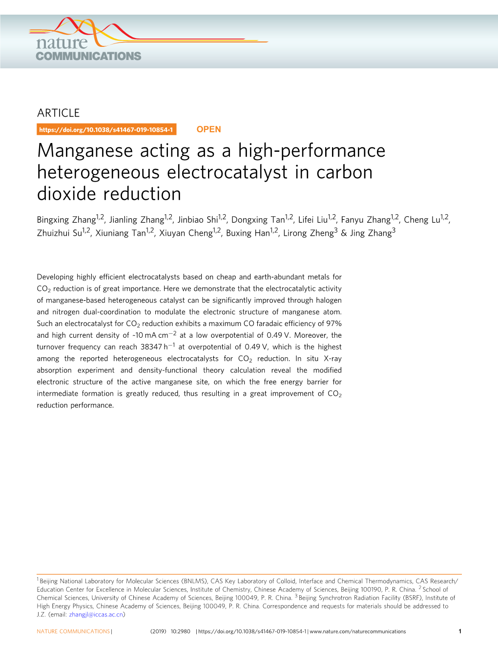 Manganese Acting As a High-Performance Heterogeneous Electrocatalyst in Carbon Dioxide Reduction