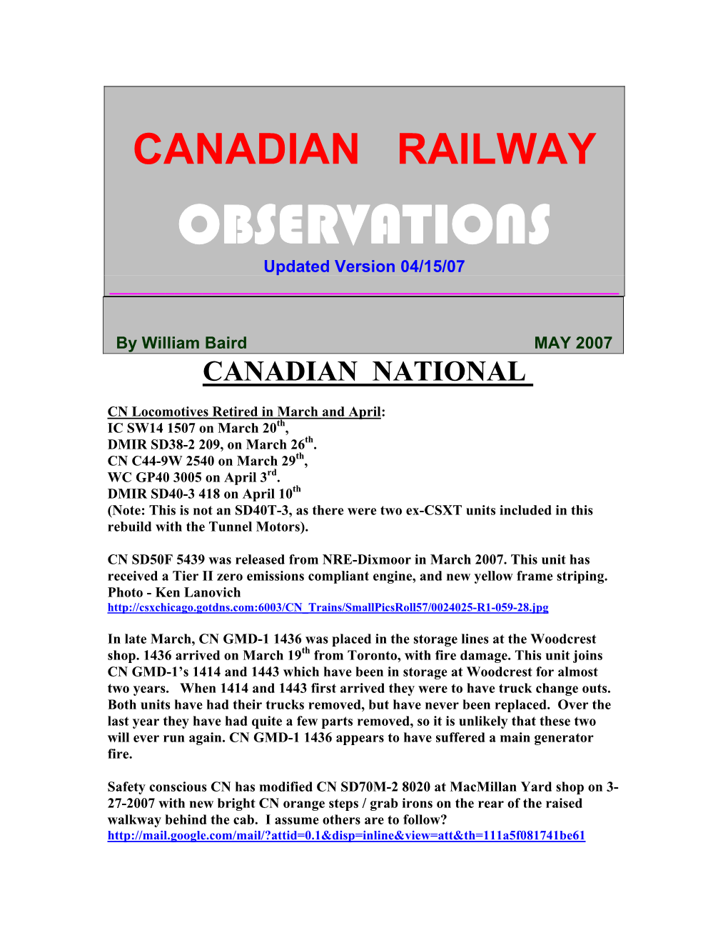 Canadian Railway Observations (Cro)