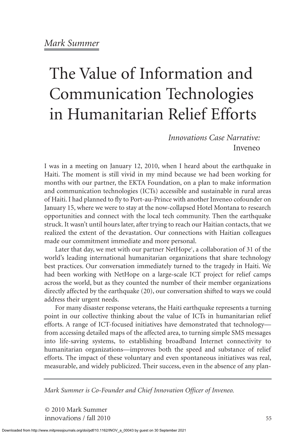 The Value of Information and Communication Technologies in Humanitarian Relief Efforts