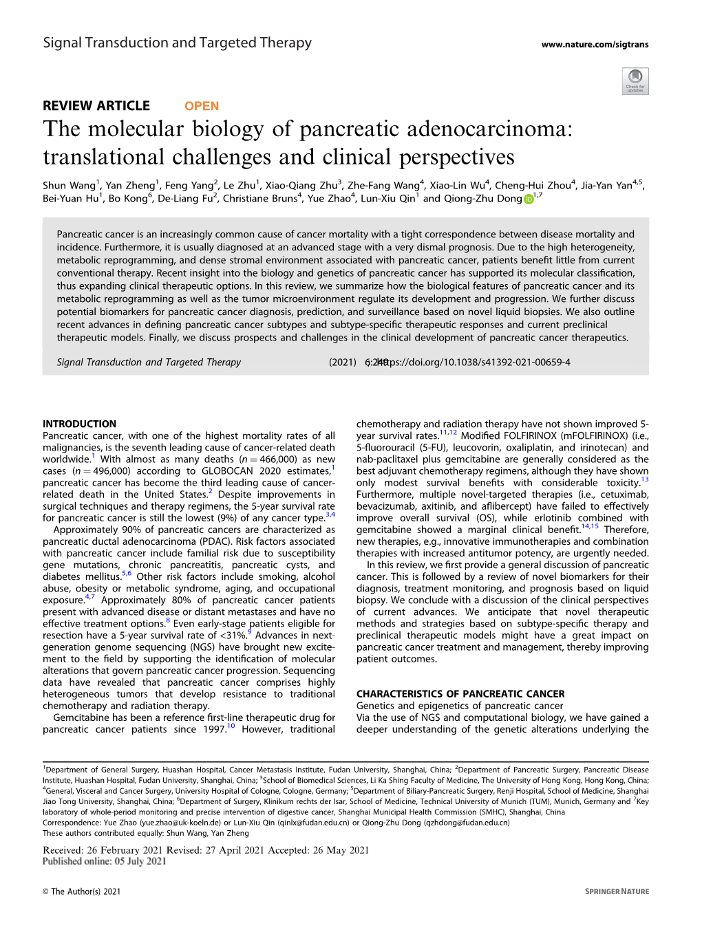 The Molecular Biology of Pancreatic Adenocarcinoma: Translational Challenges and Clinical Perspectives