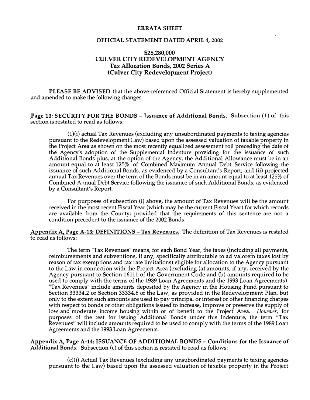 Errata Sheet Official Statement Dated April 4, 2002