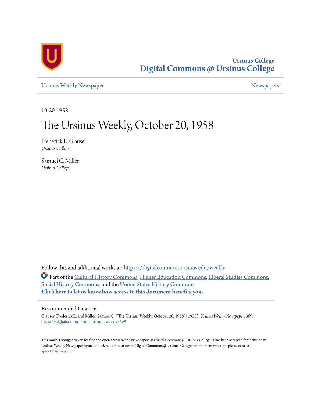 The Ursinus Weekly, October 20, 1958