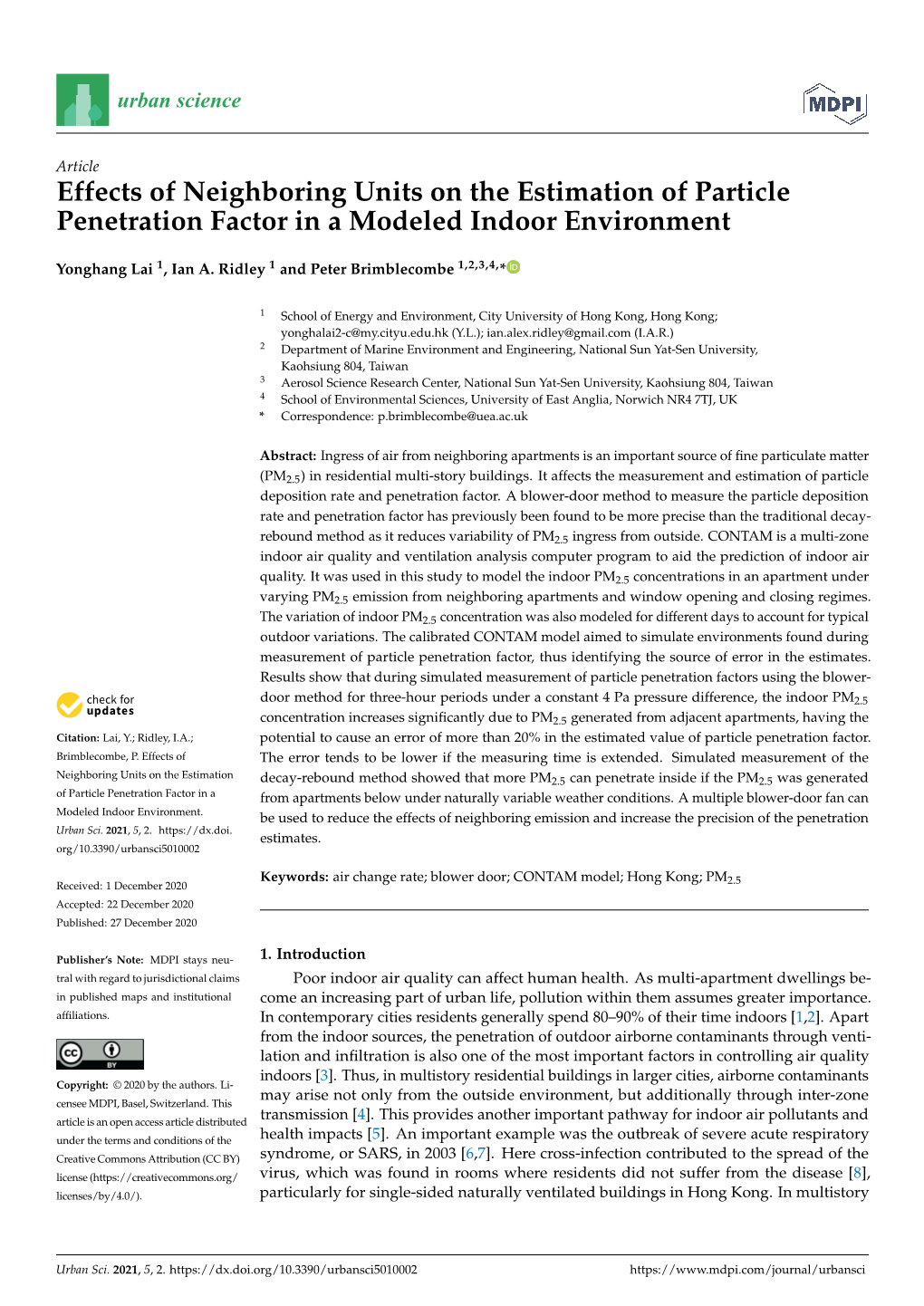 Effects of Neighboring Units on the Estimation of Particle Penetration Factor in a Modeled Indoor Environment