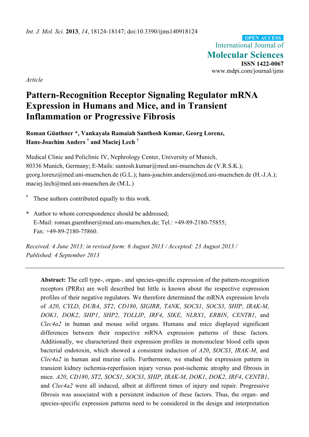 Pattern-Recognition Receptor Signaling Regulator Mrna Expression in Humans and Mice, and in Transient Inflammation Or Progressive Fibrosis