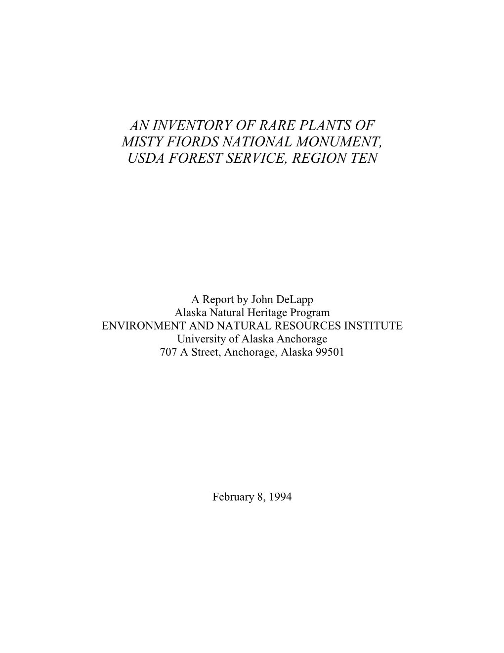 An Inventory of Rare Plants of Misty Fiords National Monument, Usda Forest Service, Region Ten