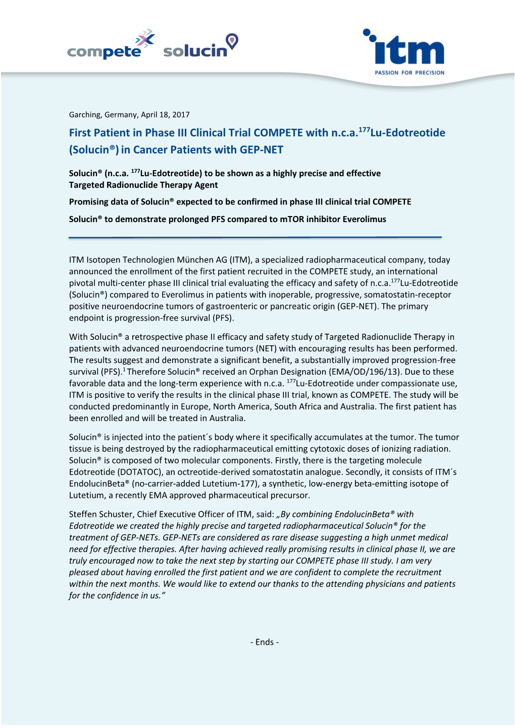 First Patient in Phase III Clinical Trial COMPETE with N.C.A.177Lu-Edotreotide (Solucin®) in Cancer Patients with GEP-NET
