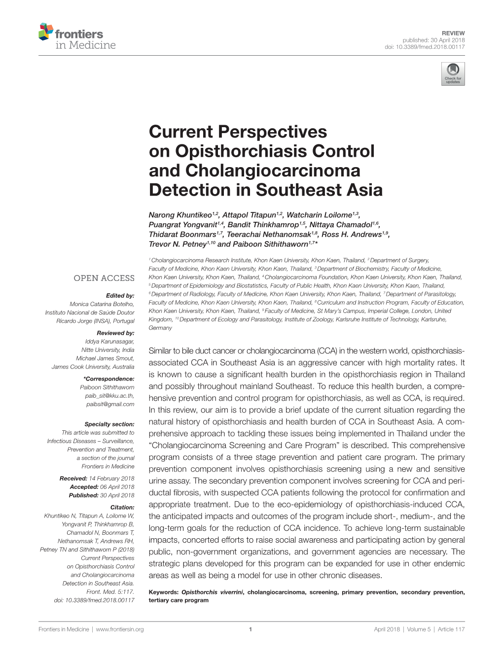 Current Perspectives on Opisthorchiasis Control and Cholangiocarcinoma Detection in Southeast Asia