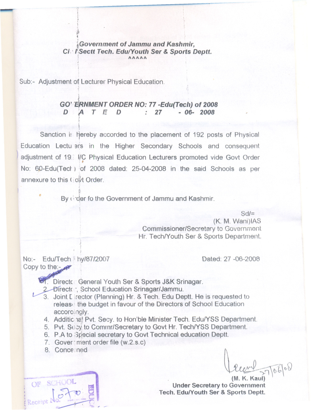 Order Regarding Placement of 192 Posts of Phy.Edu Lecturer's in HS's